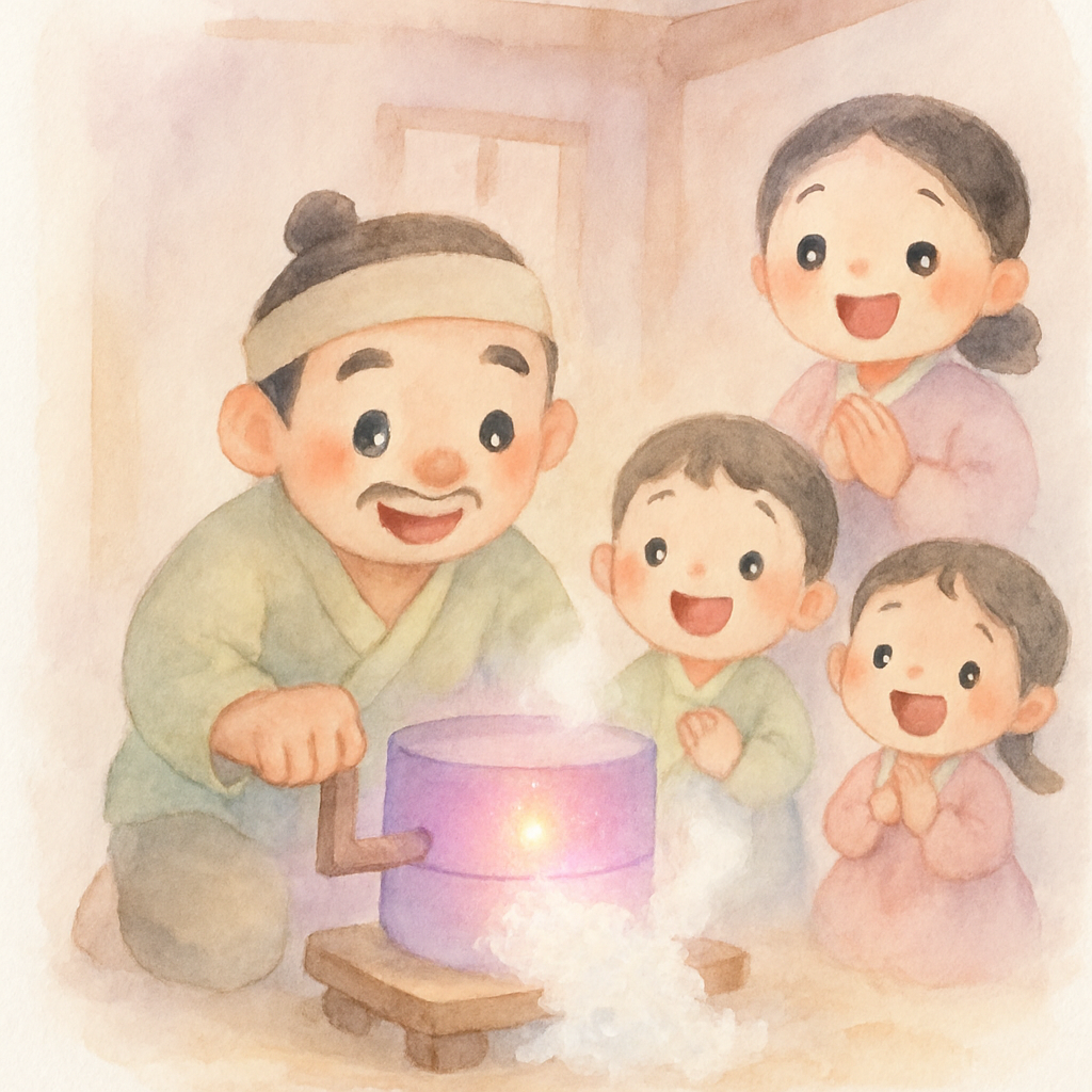 집에서 형이 요술 맷돌을 돌리자 따끈한 밥이 나오는 신기한 장면, 가족들이 기뻐하는 모습